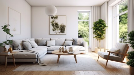 Naklejka premium Modern Scandinavian home interior design characterized by an elegant living room featuring a comfortable sofa, mid century furniture, cozy carpet, wooden floor, white walls, and home plants.