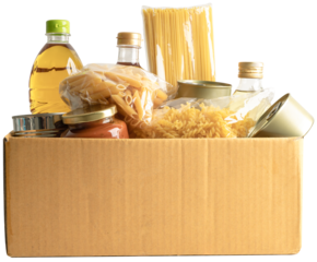 Foodstuff for donation, storage and delivery. Various food, pasta, cooking oil and canned food in cardboard box.