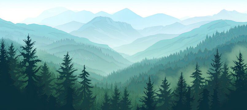 Beautiful green mountains with pine trees and fog, landscape, beautiful screensaver