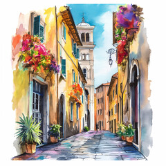 Sketch of architecture old town. Sun flowers city street Watercolor artwork. Ai Art.