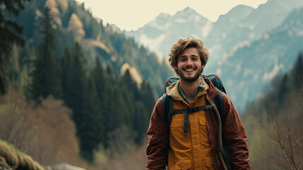Happy male tourist goes to the mountains - obrazy, fototapety, plakaty