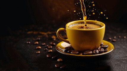 creative photo of a yellow cup of coffee with splashes and coffee beans on a dark background, space for text, banner