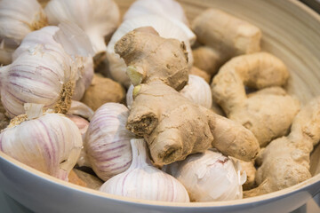 Ginger and onions as ingredients containing vitamins and minerals. Alternative medicine and natural treatment