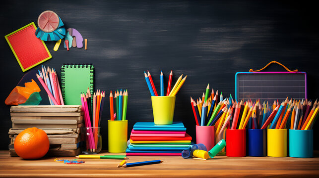 School supplies neatly arranged on a desk with a rocket drawing on a blackboard behind them
