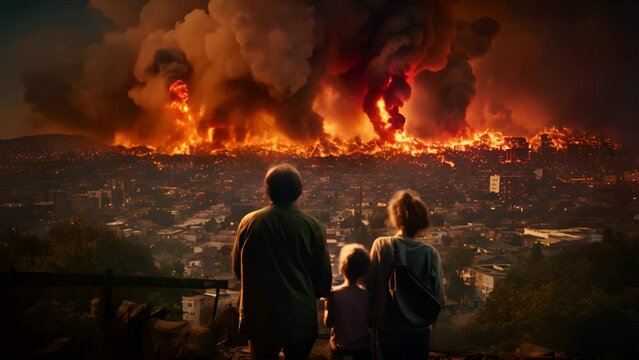 A family looking at a burning city from afar