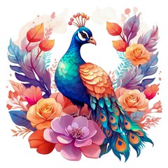 Fototapeta premium Watercolor illustration portrait of a cute adorable peacock bird with flowers on isolated white background.