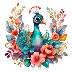 Watercolor illustration portrait of a cute adorable peacock bird with flowers on isolated white background.