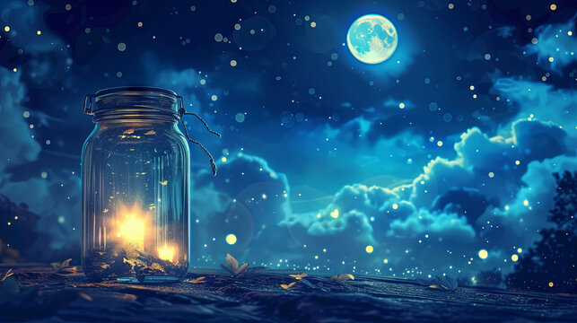 Dreams and stars in a glass jar, moon wish fulfillment, blue background