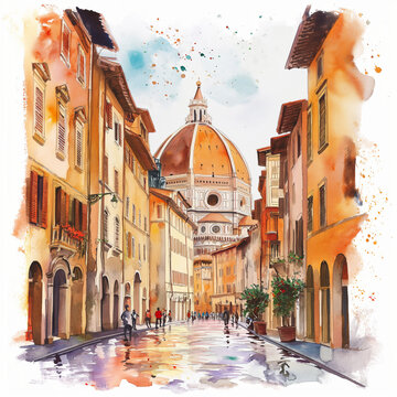 Florence Cathedral. Landscape. Architectural building, historical monument. City illustration sketch. Imitation of watercolor painting. Ai Art.