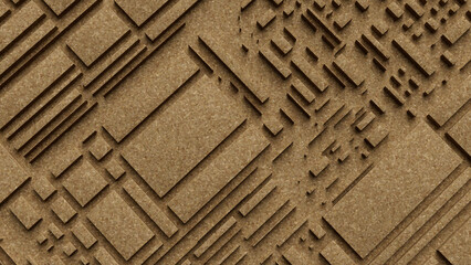 Urban brown city view from above made of cork texture, 3d rendering