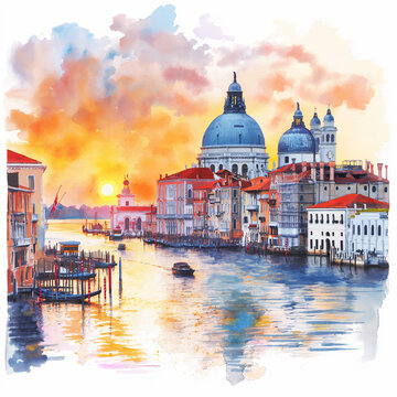 Venice view. Landscape. Architectural building, historical monument. City illustration. Imitation of watercolor painting. Ai Art.