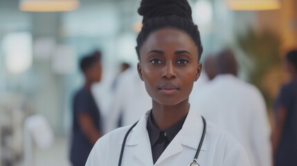 Fototapeta premium Confident African American female doctor in medical uniform standing with blurred colleagues in hospital