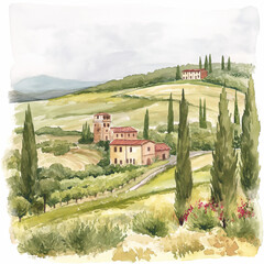 Italy. Watercolor sketch landscape of Tuscany. Green field with trees. Ai art.