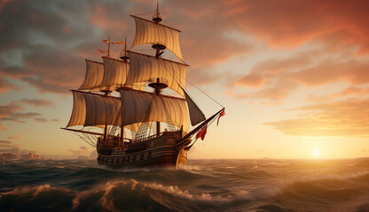 Obraz premium galleon with masts and sails crossing the sea with waves at dusk with a sunset in the background. Wallpaper of a historical ship traveling in search of conquests and adventures