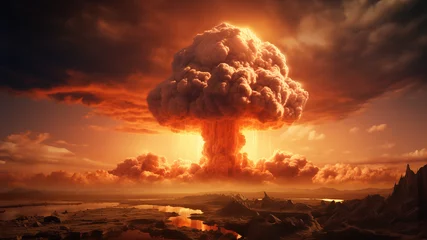 Gordijnen Spectacular atomic explosion with nuclear mushroom, golden, orange, and yellow clouds against a bright background. Apocalyptic and epic wallpaper with contrasting sources. © Domingo