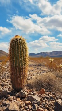 A featuring a solitary cactus in the arid and dusty landscape of the Arizona desert, providing ample space for text.