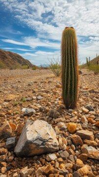 A featuring a solitary cactus in the arid and dusty landscape of the Arizona desert, providing ample space for text.