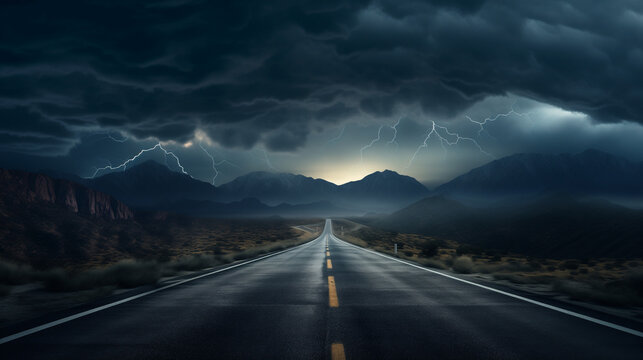 Straight road of old asphalt with painted yellow lines, and a landscape on the horizon with mountains under the dark and cloudy sky of a lightning storm