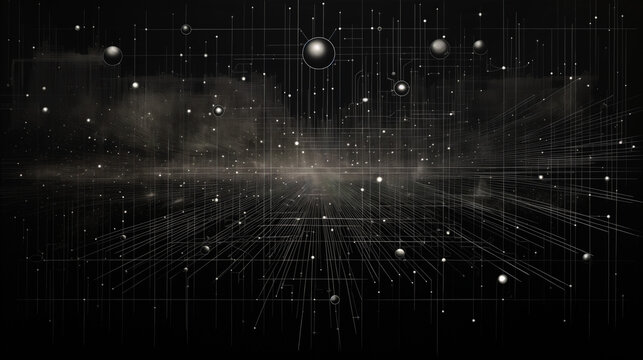 Dark, mysterious universe with floating spheres, illuminated grid lines, and a distant light source creating an enigmatic atmosphere. Abstract background for a mathematical and scientific wallpaper