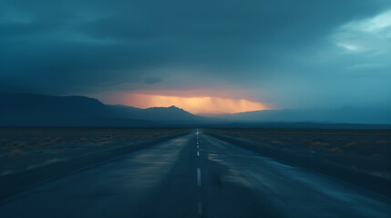 Naklejka premium Straight road in the middle of a solitary plain, with mountains in the background and the golden light of the sunset between a dark sky clouded with gray clouds. Individual endless journey in solitude