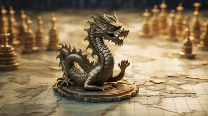 Detailed silver dragon figurine roars amidst a strategic game of chess, set on an intricate world map board