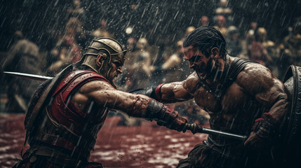 Bloody fight between a gladiator and a Roman soldier in the rain of a storm. Epic and historical scene of slave rebellion against the oppressive empire to get freedom. War wallpaper. - obrazy, fototapety, plakaty