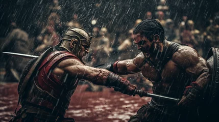 Foto op Aluminium Bloody fight between a gladiator and a Roman soldier in the rain of a storm. Epic and historical scene of slave rebellion against the oppressive empire to get freedom. War wallpaper. © Domingo