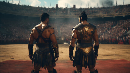 Two gladiators stand ready in a sunlit coliseum, surrounded by a roaring crowd, evoking the intense atmosphere of ancient Roman combat. Epic and heroic scene of friendship, with a deadly challenge - obrazy, fototapety, plakaty