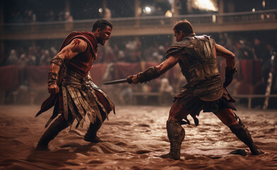 Roman gladiators fighting to the death with swords in the mud inside a coliseum, as part of a...