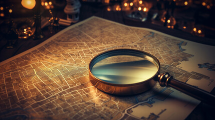 Closeup of a magnifying glass over the urban map of a city at night to find a location. Detective atmosphere, investigation, and pursuit for a police-themed wallpaper