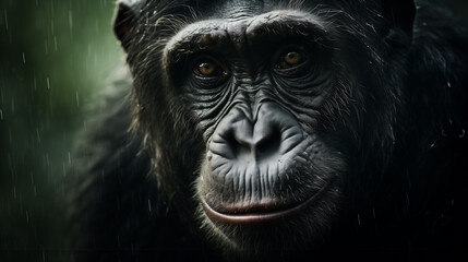 Close-up of a black monkey or gorilla in the rain, with a green background, water droplets visible on fur, creating a dramatic and moody atmosphere for a wildlife wallpaper