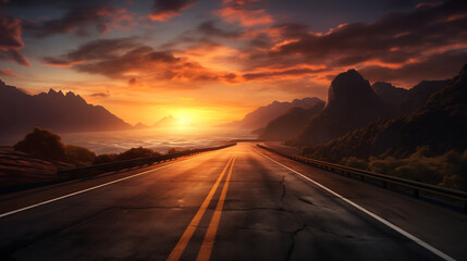 Straight asphalt road with a sunset in the golden hour, the sea on one side, mountains on the other, and clouds in the sky. Enjoyable car drive symbolizing freedom in a lovely landscape on the horizon