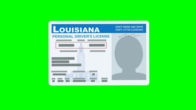 Animation of a hand presenting a Louisiana driver's license in the middle of the screen on green background, blue background, transparent with alpha channel (flat design)