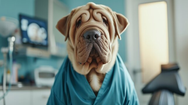 Portrait of a shar pei dog dressed in medical scrubs