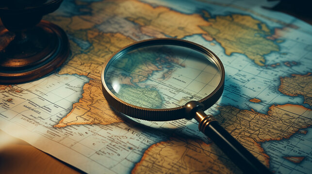 Magnifying glass with a magnifying lens, placed on a world map featuring countries and continents, on a table. Symbolizing exploration, adventure, search, experiences, and travel for a wallpaper