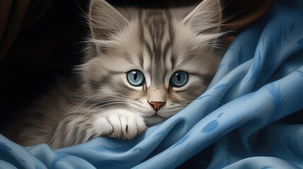 Cute small kitty portrait with blue eyes and striped fur