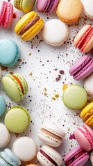 Fototapeta na wymiar Assorted Macarons, arrangement of colorful macarons on a clean white background, background image, generative AI