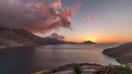 Panorama showing sunset on Amorgos island aerial timelapse from above. Greece