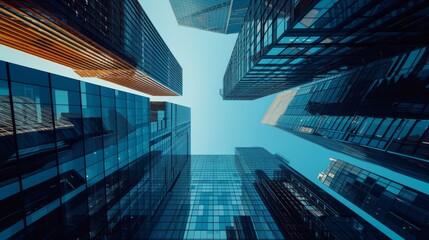 An abstract depiction of 3D buildings as seen from a low perspective, looking upward.
