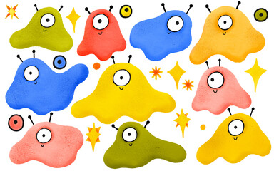 A set of hand-drawn slimes with eyes and horns. Scary illustration with space cyclops. Set with eyes and stars. Monsters for Halloween. Children's illustration isolated. Ideal for design and print