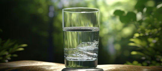 fresh clear mineral water in a glass with forest background 92 - obrazy, fototapety, plakaty