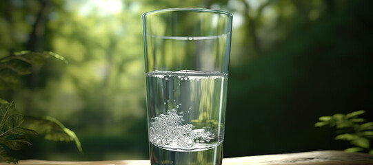 fresh clear mineral water in a glass with forest background 90