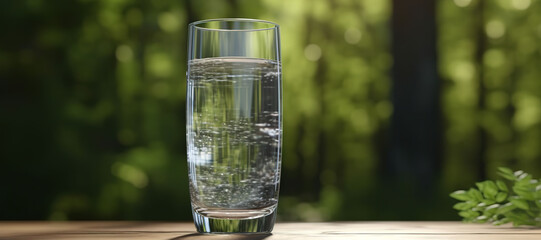 fresh clear mineral water in a glass with forest background 86