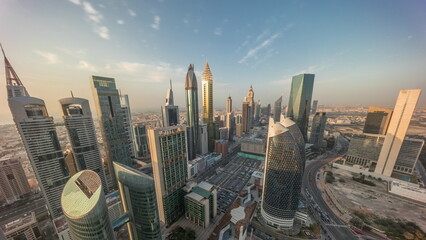 Skyline panorama of the high-rise buildings on Sheikh Zayed Road in Dubai aerial timelapse, UAE.