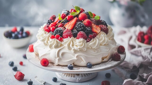 Pavlova, beautifully decorated pavlova topped with fresh berries and whipped cream, background image, generative AI