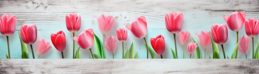 A sight of several pink tulips placed next to each other in this vibrant and colorful photograph.