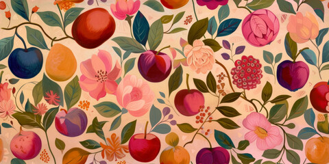  Vibrant hand-painted floral and fruit seamless pattern with colorful blooms and ripe oranges, plums, and peaches on a bright background. Botanical wallpaper.