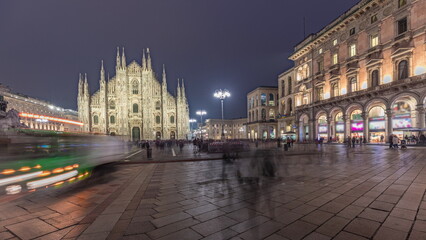 Fototapeta premium Panorama showing Milan Cathedral and Vittorio Emanuele gallery day to night timelapse.