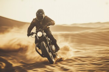 A guy on motorcycle attire riding a scrambler bike, driving on an open road, desert scene, sand...