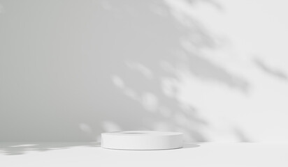 Abstract white studio background for product presentation. cylinder podium exhibition pedestal stand.empty room with shadows leaves. presentation and branding 3d render